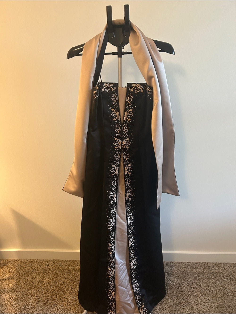 Black Strapless Evening Gown with Cream Embroidery - Picture 2 of 5